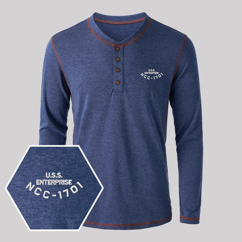 Scifi Spacecraft Geek Embroidered Long Sleeve Henley Shirts