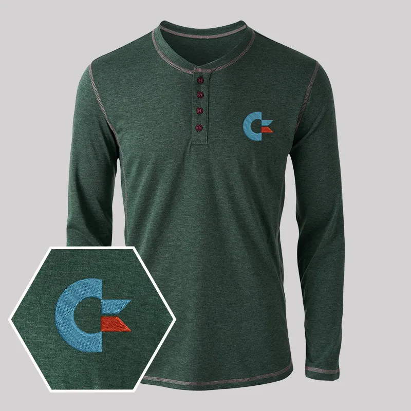 Commodore Geek Embroidered Long Sleeve Henley Shirts - Image 5