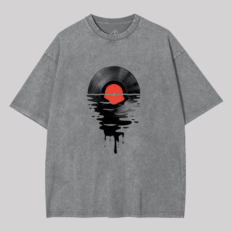 Vinyl LP Music Record Sunset Red Geek Washed T-shirt - Image 5