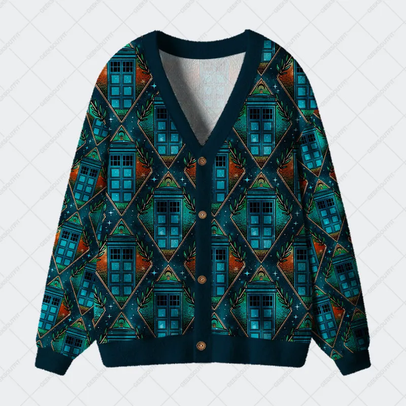 Mysterious Phone Booth Diamond Grid Geek Ugly Cardigan Sweaters