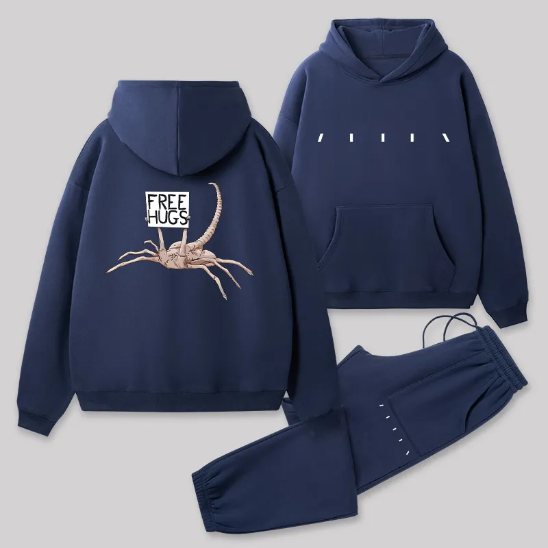 Free Hugs Alien Front and Back Printed Geek Fleece Hoodie Set - Image 2