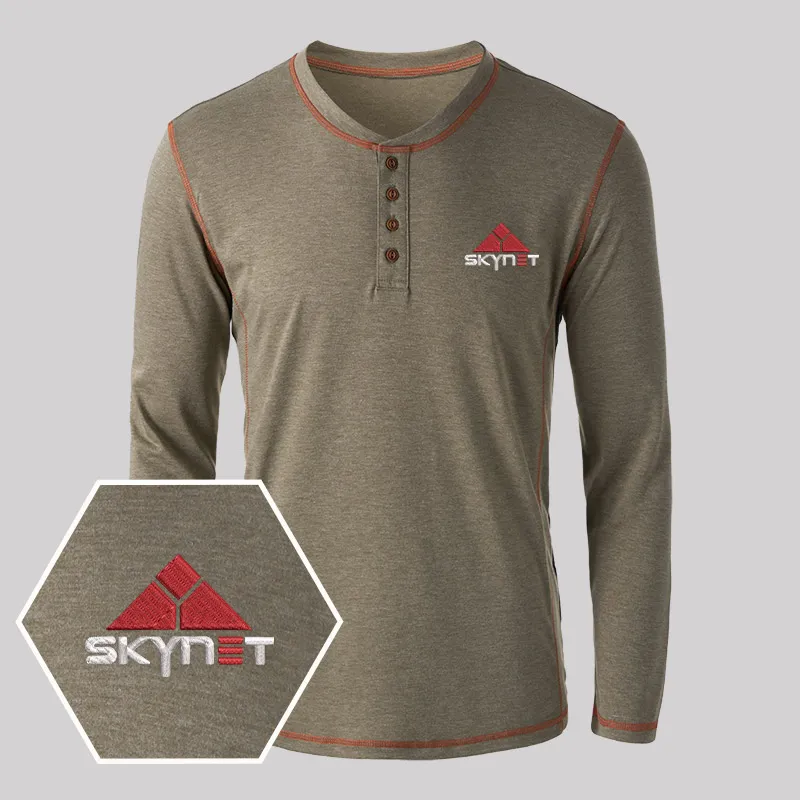 Skynet Core Geek Embroidered Long Sleeve Henley Shirts - Image 6