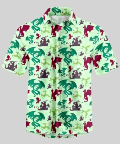 Scifi Dragons Pistachio Green Button Up Pocket Shirt