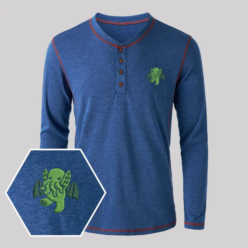 Cthulhu Geek Embroidered Long Sleeve Henley Shirts - Image 4