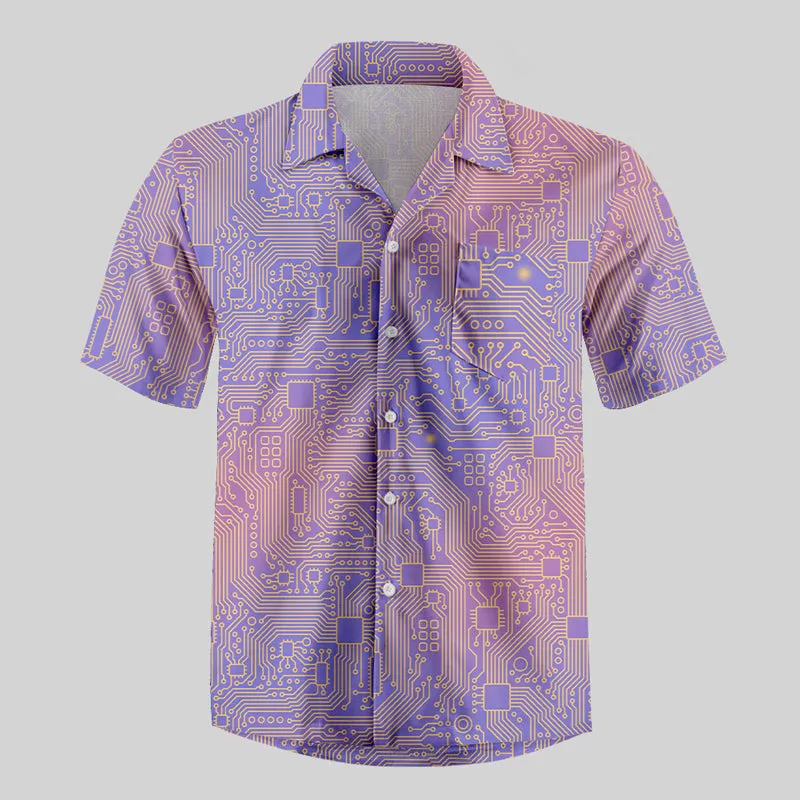 Computer Circuit Board Purple Button Up Pocket Shirt - Image 2