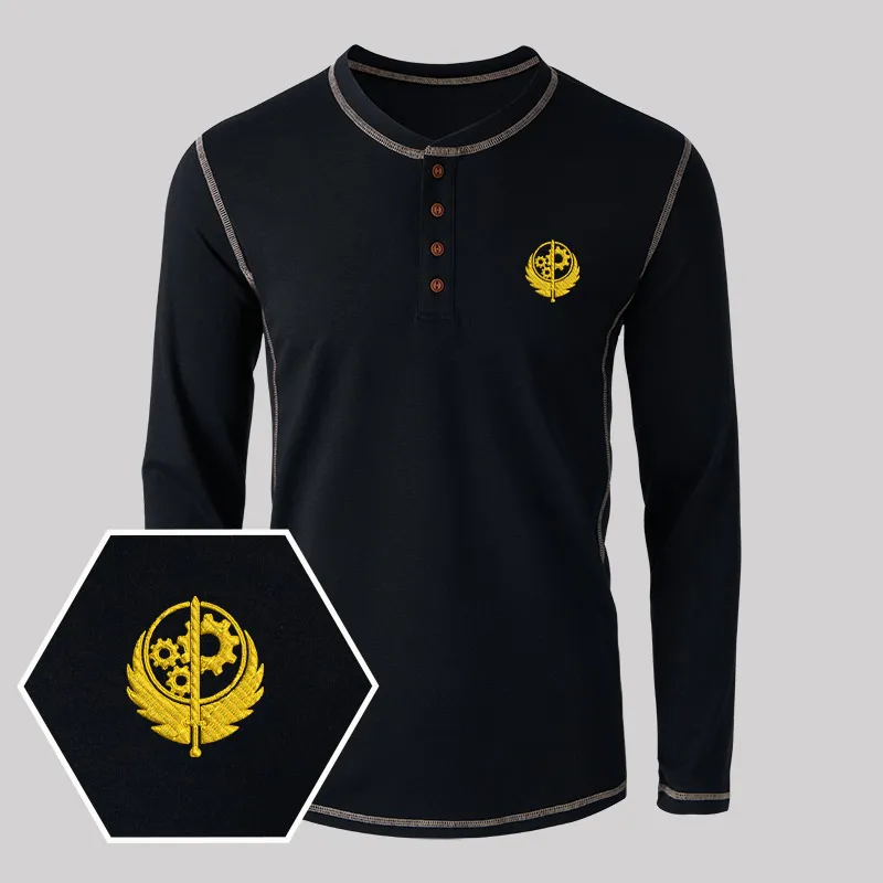 Brotherhood of Steel Geek Embroidered Long Sleeve Henley Shirts - Image 2
