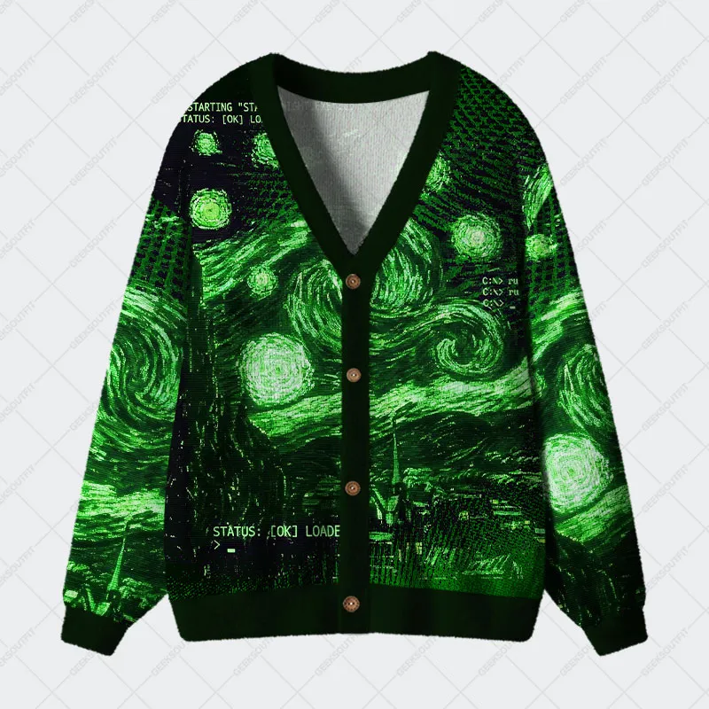 Green Starry Night Geek Ugly Cardigan Sweaters