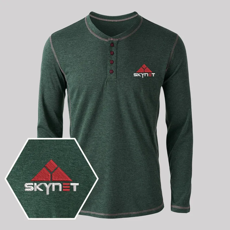 Skynet Core Geek Embroidered Long Sleeve Henley Shirts - Image 5