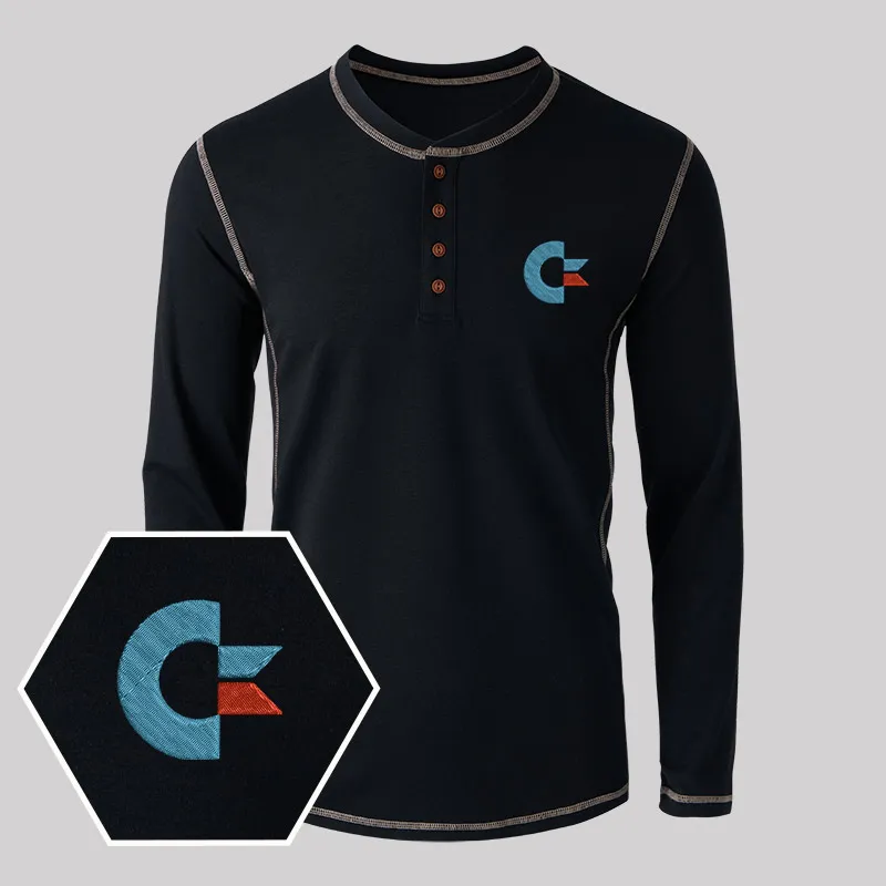 Commodore Geek Embroidered Long Sleeve Henley Shirts - Image 2