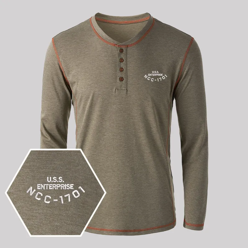 Scifi Spacecraft Geek Embroidered Long Sleeve Henley Shirts - Image 6