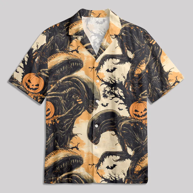 Halloween Evil Pumpkin Alien Button Up Pocket Shirt - Image 2
