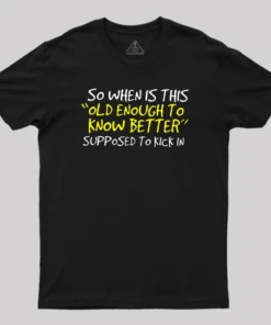 Alternative view of So When Is This Old Enough To Know Better Supposed To Kick In Geek T-Shirt