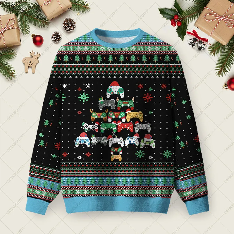 Gamepad Christmas Tree Ugly Christmas Fuzzy Fleece Sweatshirt