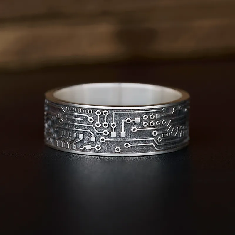 Circuit Board Sterling Silver Band Ring