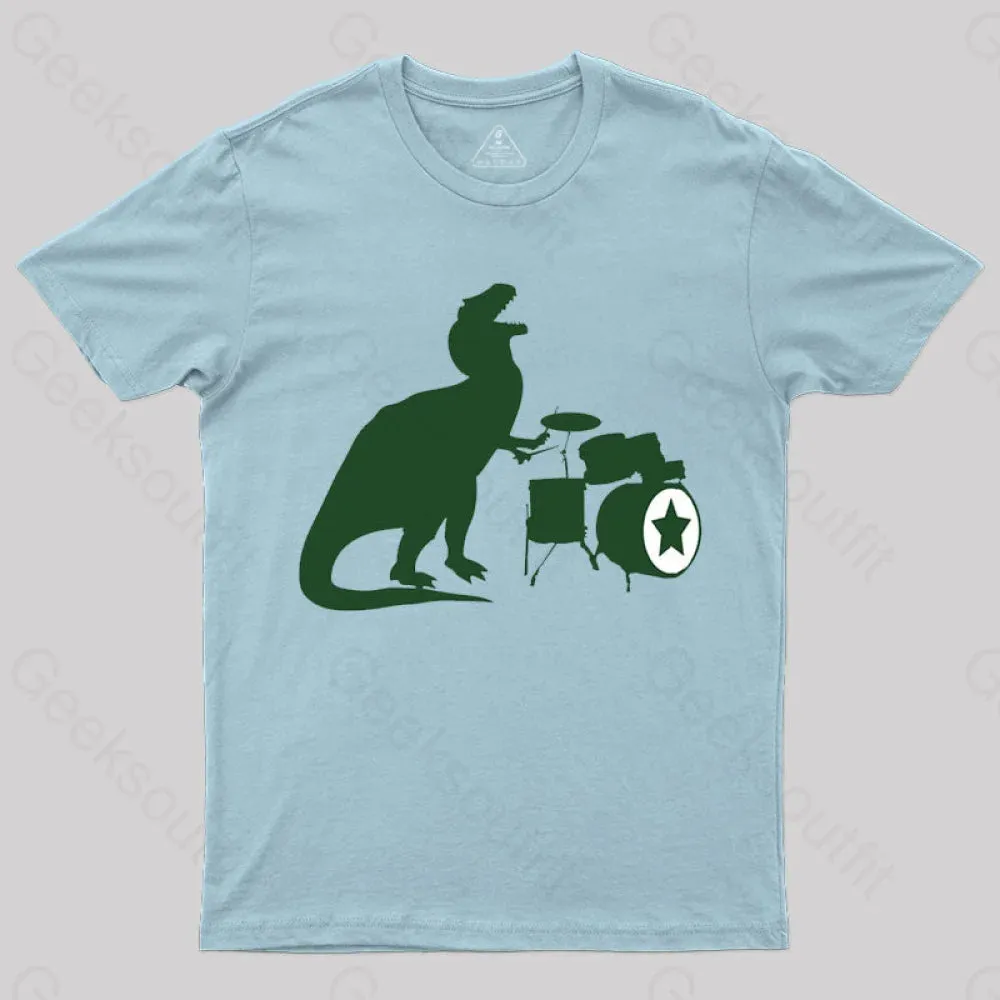 A Tyrannosaurus Rex Playing Drums T-shirt - Image 3
