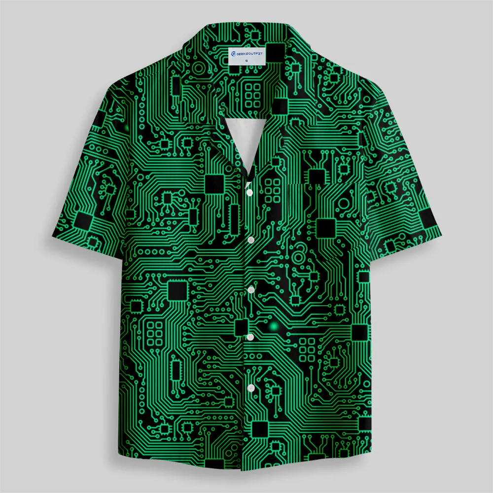 Computer Circuit Board Green Button Up Pocket Shirt - Image 2