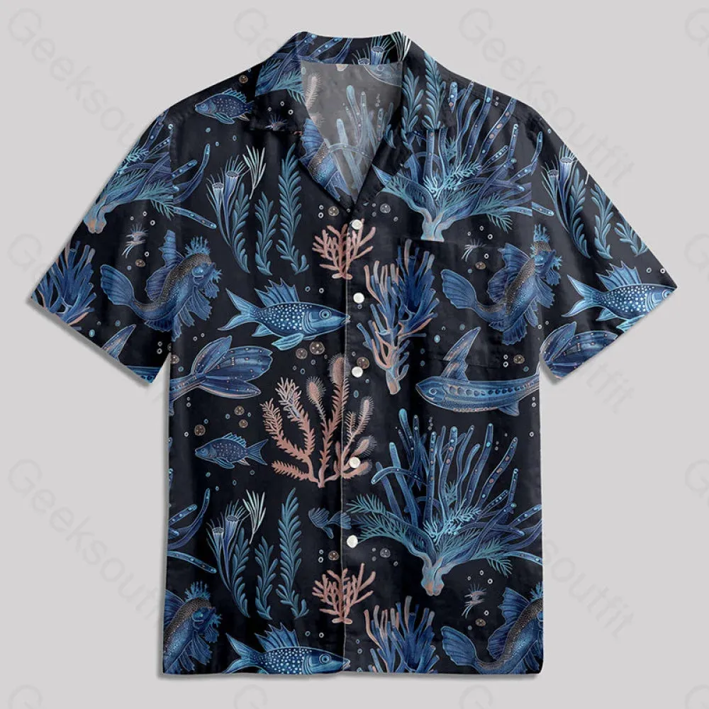 Art Sea Life Blue Button Up Pocket Shirt - Image 2