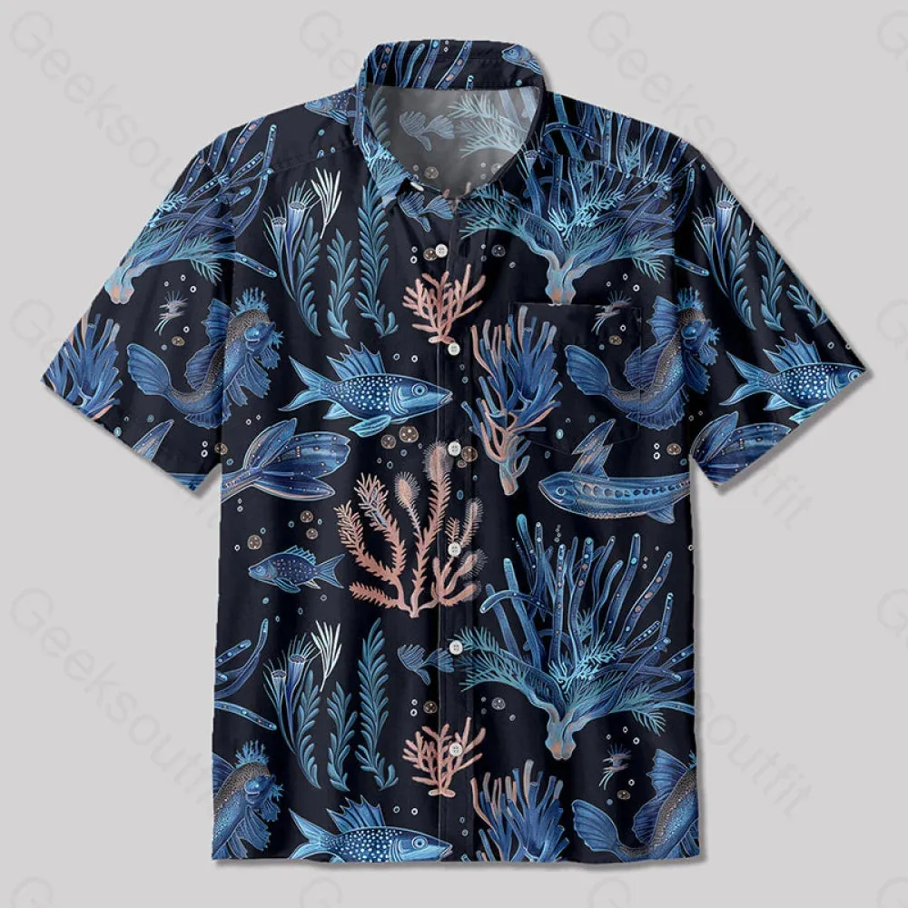 Art Sea Life Blue Button Up Pocket Shirt