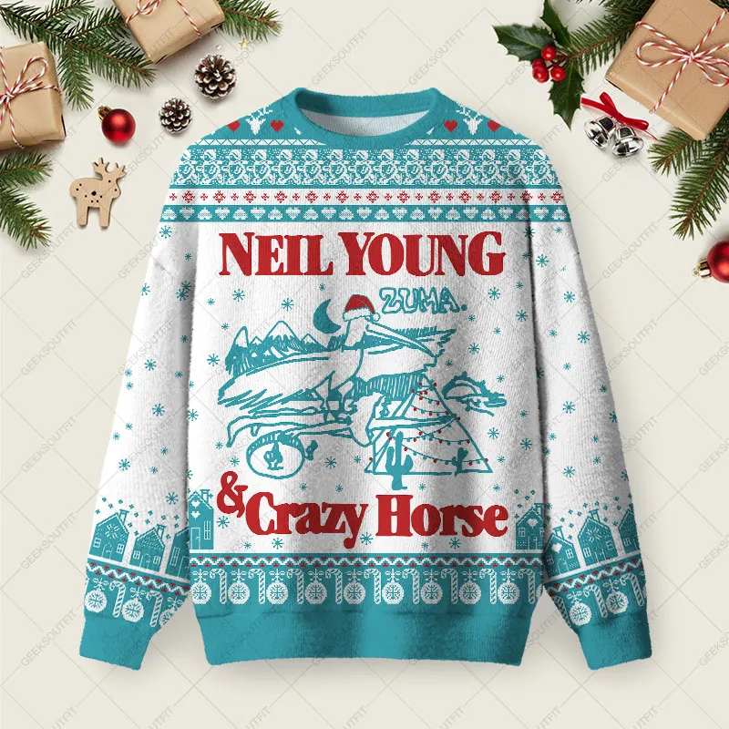 Neil Young & Crazy Horse Ugly Christmas Fuzzy Fleece Sweatshirt