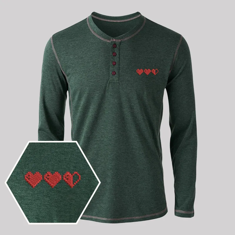 Pixel Hearts Geek Embroidered Long Sleeve Henley Shirts - Image 5
