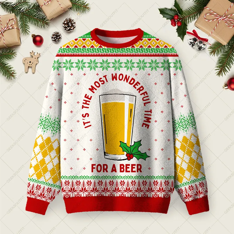 For a Beer Ugly Christmas Fuzzy Fleece Sweatshirt