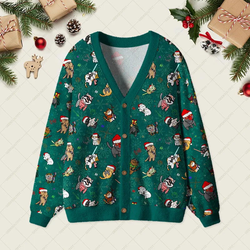 Christmas Light Sword Cat Geek Ugly Cardigan Sweaters