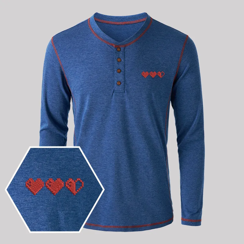 Pixel Hearts Geek Embroidered Long Sleeve Henley Shirts - Image 4