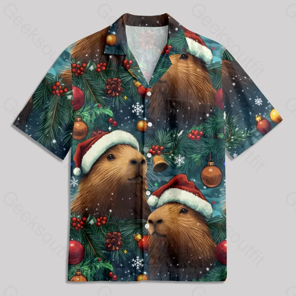 Christmas Capybara Button Up Pocket Shirt - Image 3