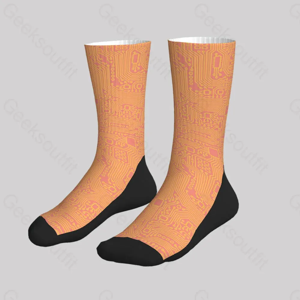 Computer Circuit Board Orange Men's Socks