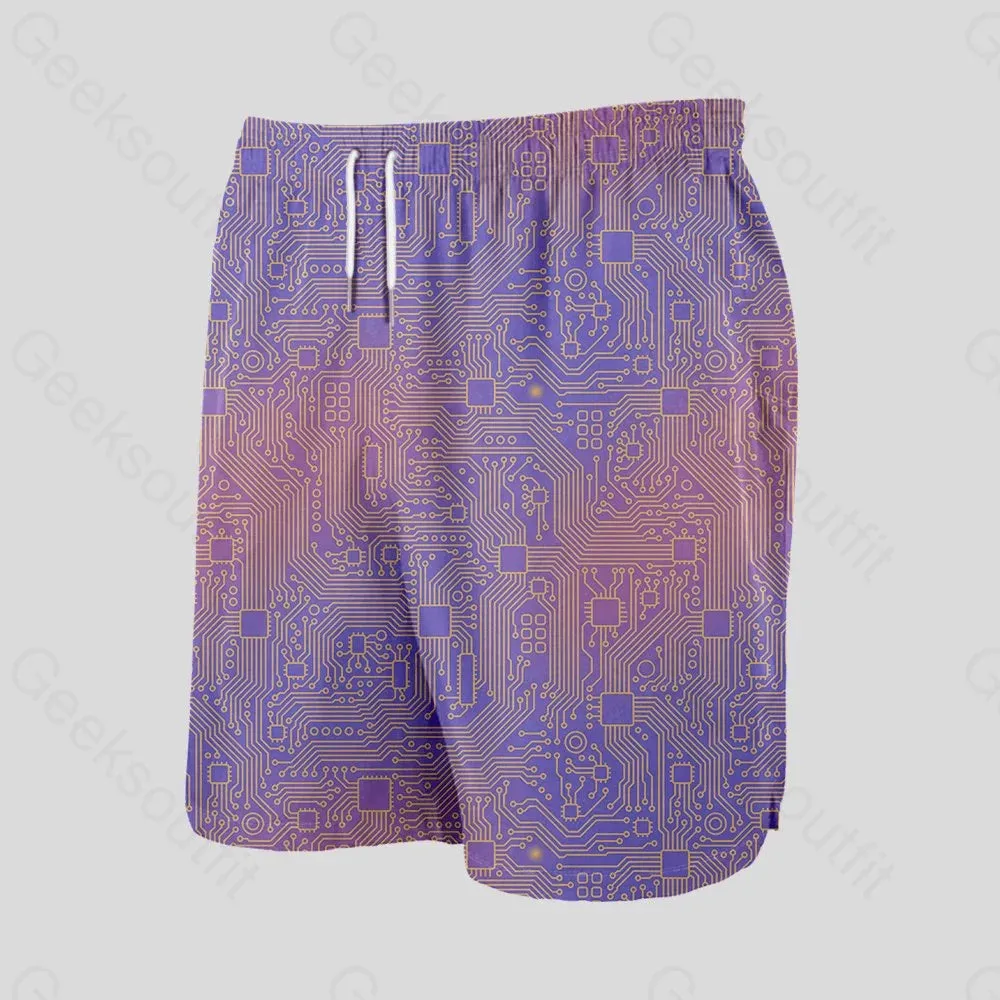 Computer Circuit Board Purple Geeky Drawstring Shorts - Image 3