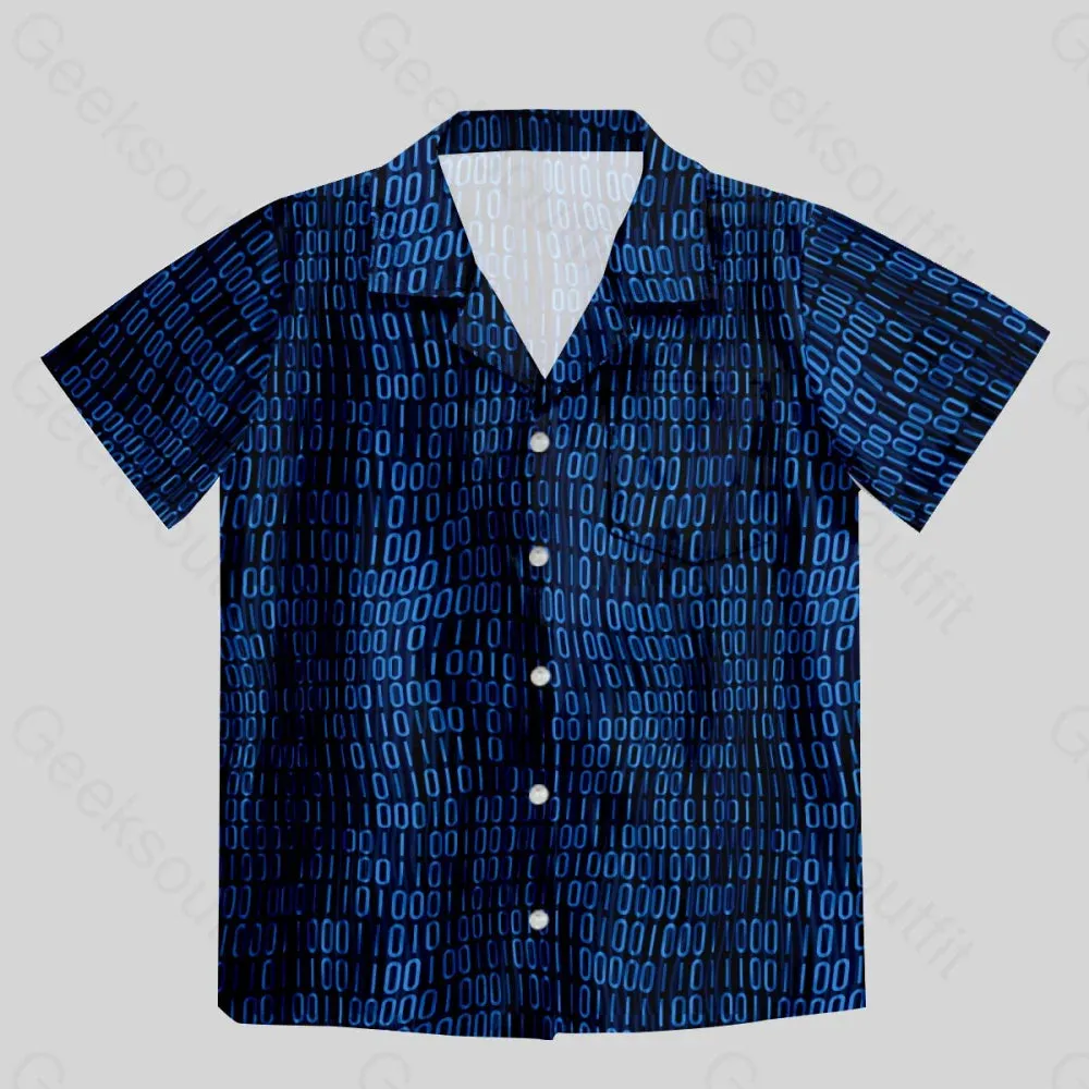 Curved Binary Computer 1s and 0s Blue Button Up Pocket Shirt - Image 2