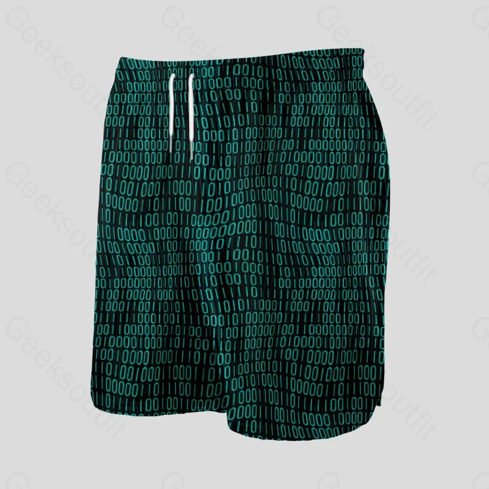 Curved Binary Computer 1s and 0s Dark Green Geeky Drawstring Shorts - Image 3