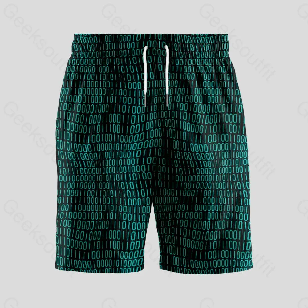 Curved Binary Computer 1s and 0s Dark Green Geeky Drawstring Shorts - Image 2