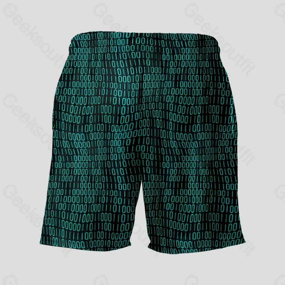 Curved Binary Computer 1s and 0s Dark Green Geeky Drawstring Shorts - Image 4