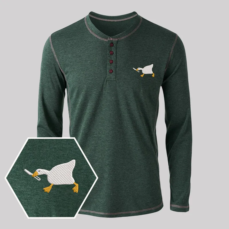 Knife Goose Geek Embroidered Long Sleeve Henley Shirts - Image 5