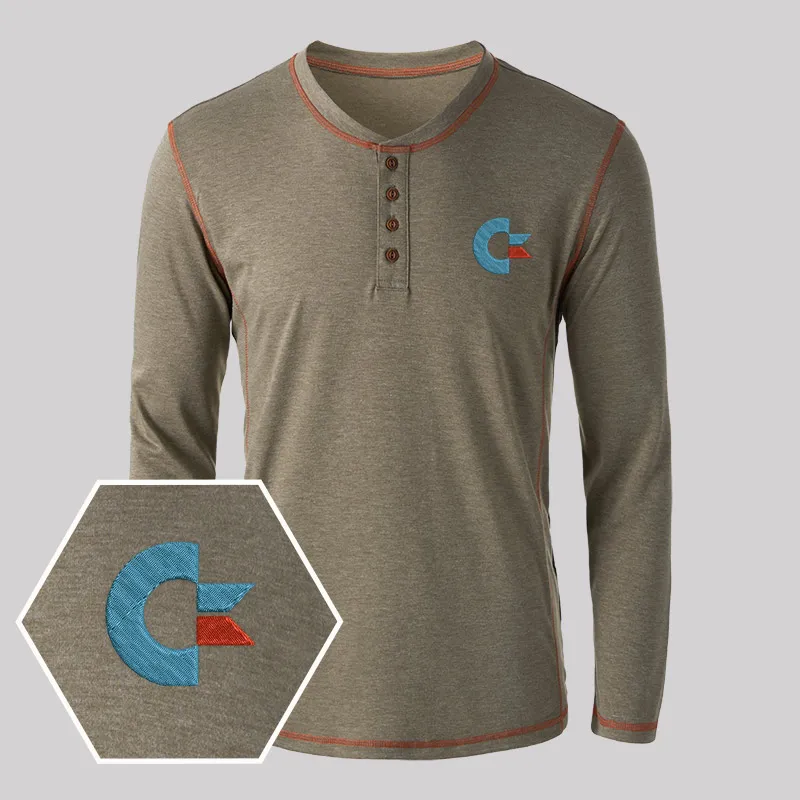 Commodore Geek Embroidered Long Sleeve Henley Shirts - Image 6