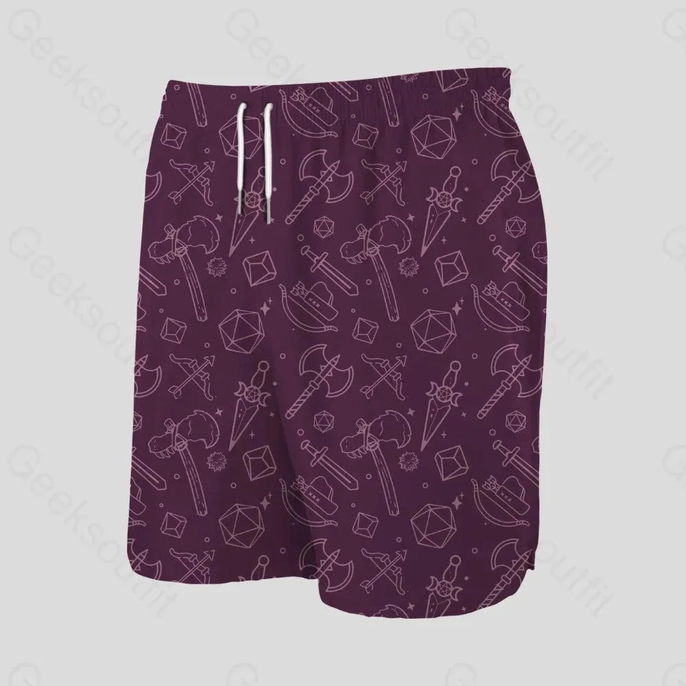DND Medieval Weapons Wine Red Geeky Drawstring Shorts - Image 3