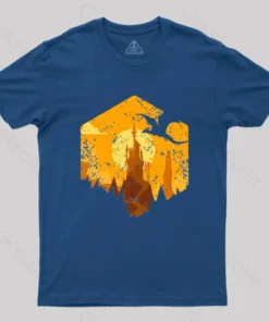 Alternative view of Dragon Flying Over Tall Castle Sunset T-Shirt
