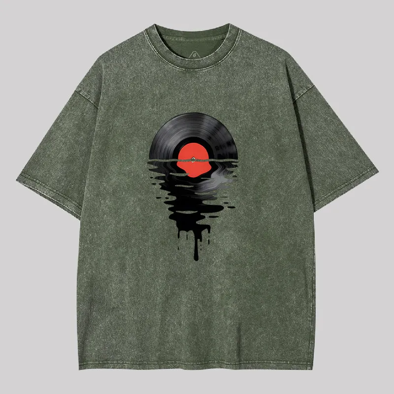 Vinyl LP Music Record Sunset Red Geek Washed T-shirt - Image 3