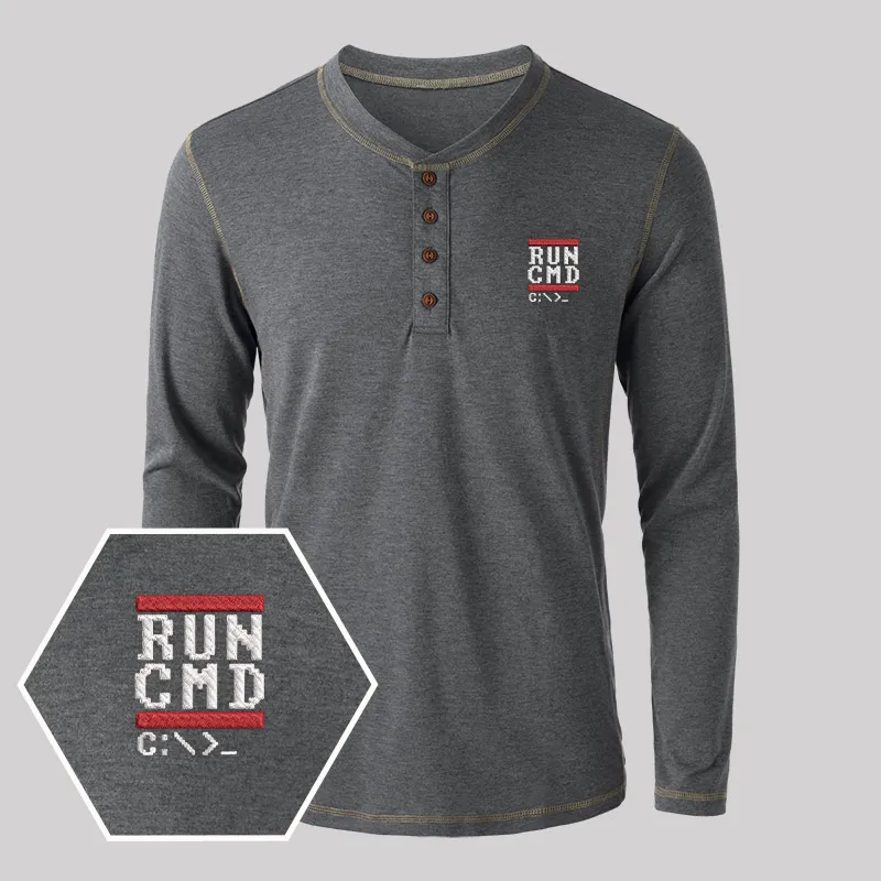 Run CMD Geek Embroidered Long Sleeve Henley Shirts - Image 3