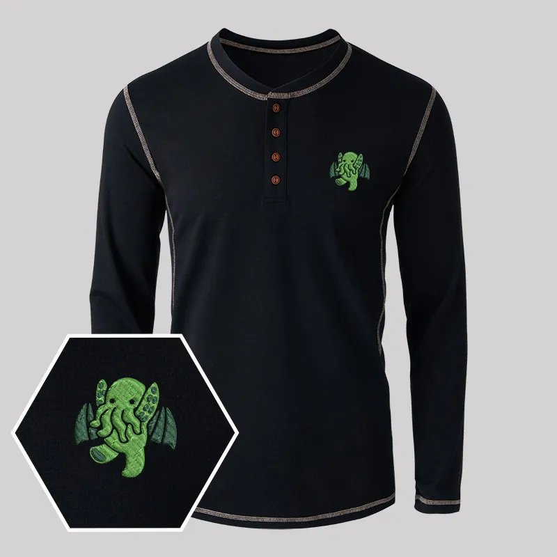 Cthulhu Geek Embroidered Long Sleeve Henley Shirts - Image 2