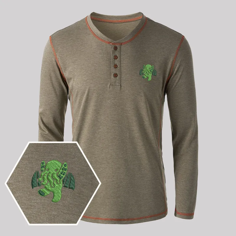 Cthulhu Geek Embroidered Long Sleeve Henley Shirts - Image 6