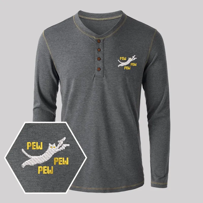 Pew Pew Pew Cat Geek Embroidered Long Sleeve Henley Shirts - Image 3
