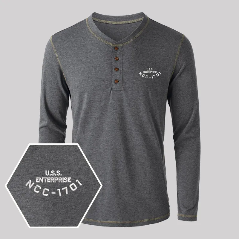 Scifi Spacecraft Geek Embroidered Long Sleeve Henley Shirts - Image 3