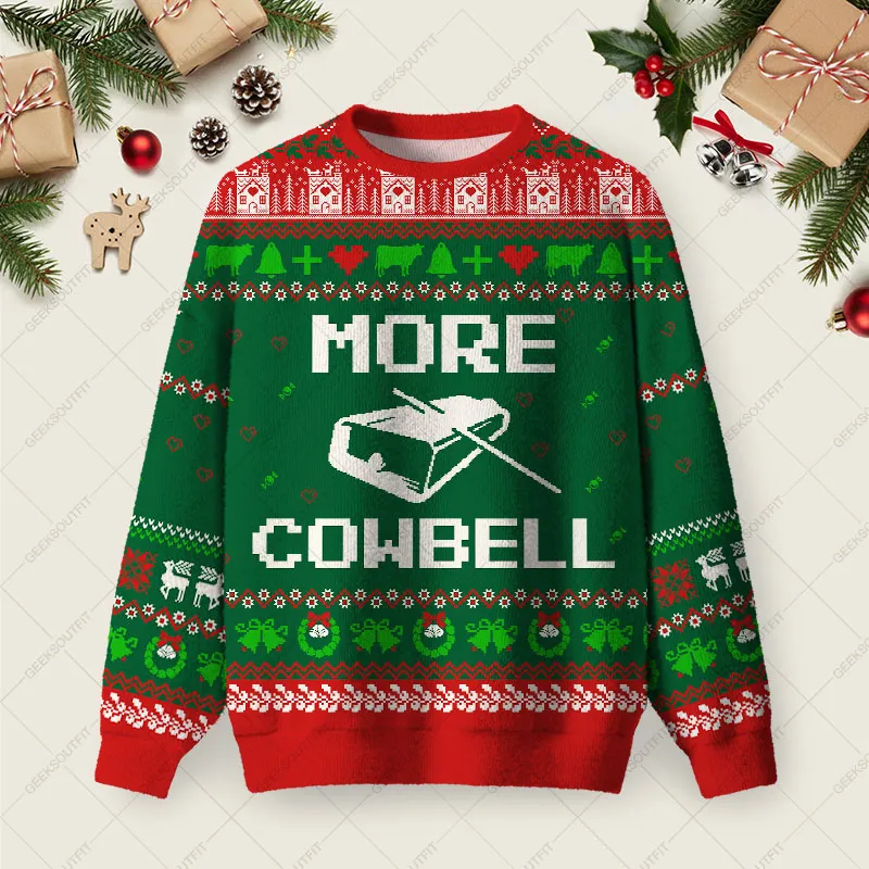 More Cowbell Ugly Christmas Fuzzy Fleece Sweatshirt
