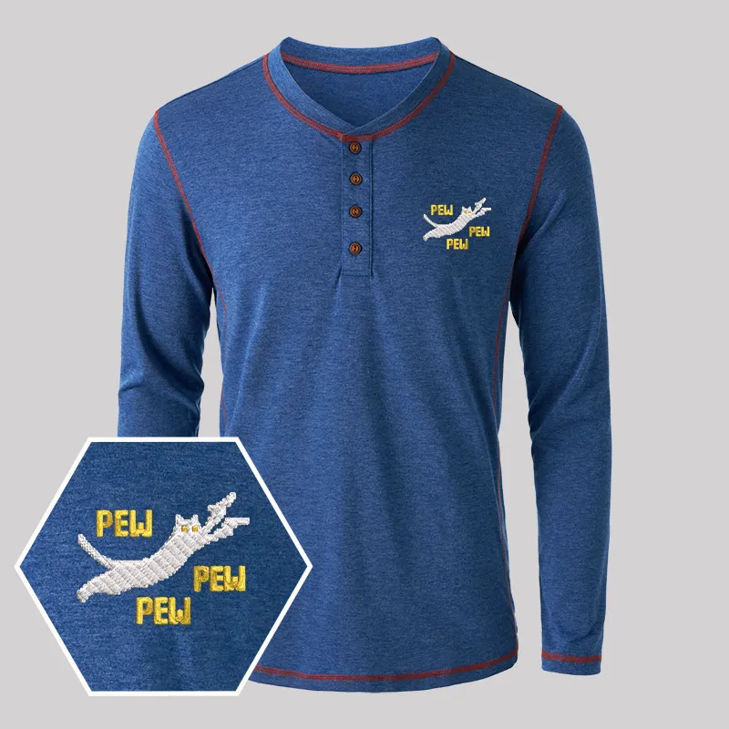 Pew Pew Pew Cat Geek Embroidered Long Sleeve Henley Shirts - Image 4