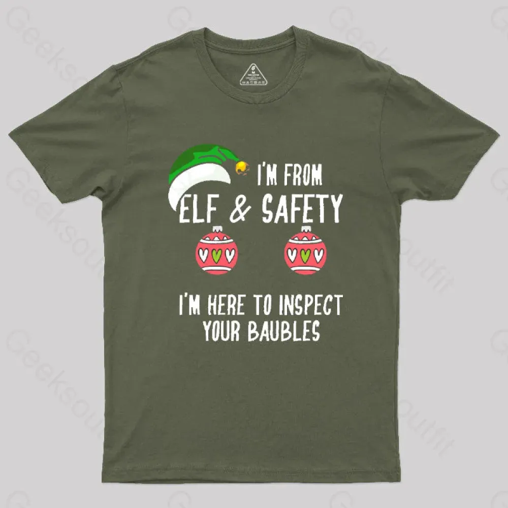 Funny Christmas Elf & Safety Baubles Inspection T-Shirt - Image 3