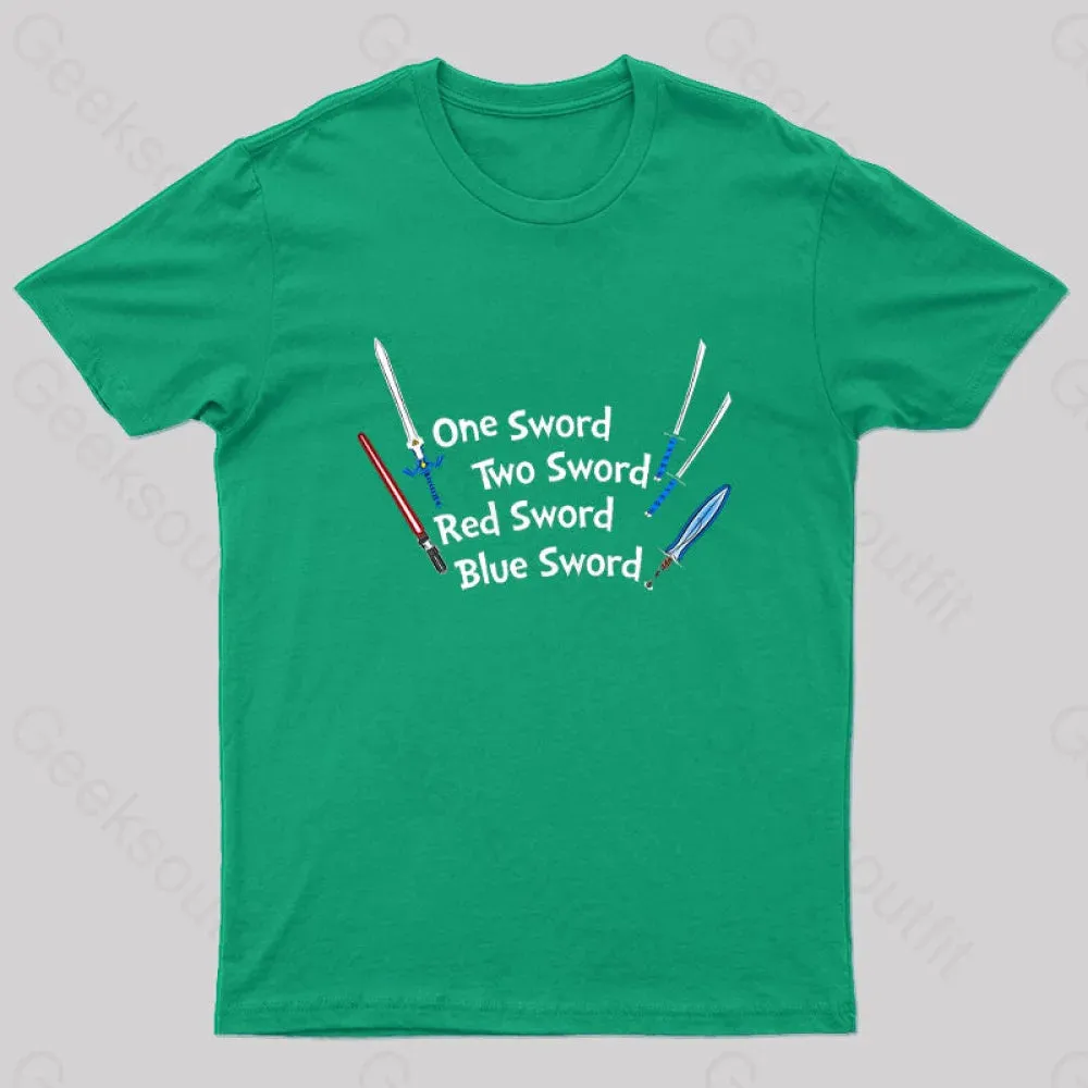 One Sword,Two Sword,Red Sword,Blue Sword Geek T-Shirt - Image 4