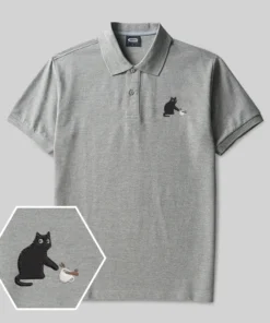 Playful Cat Geek Embroidered Polo Shirts