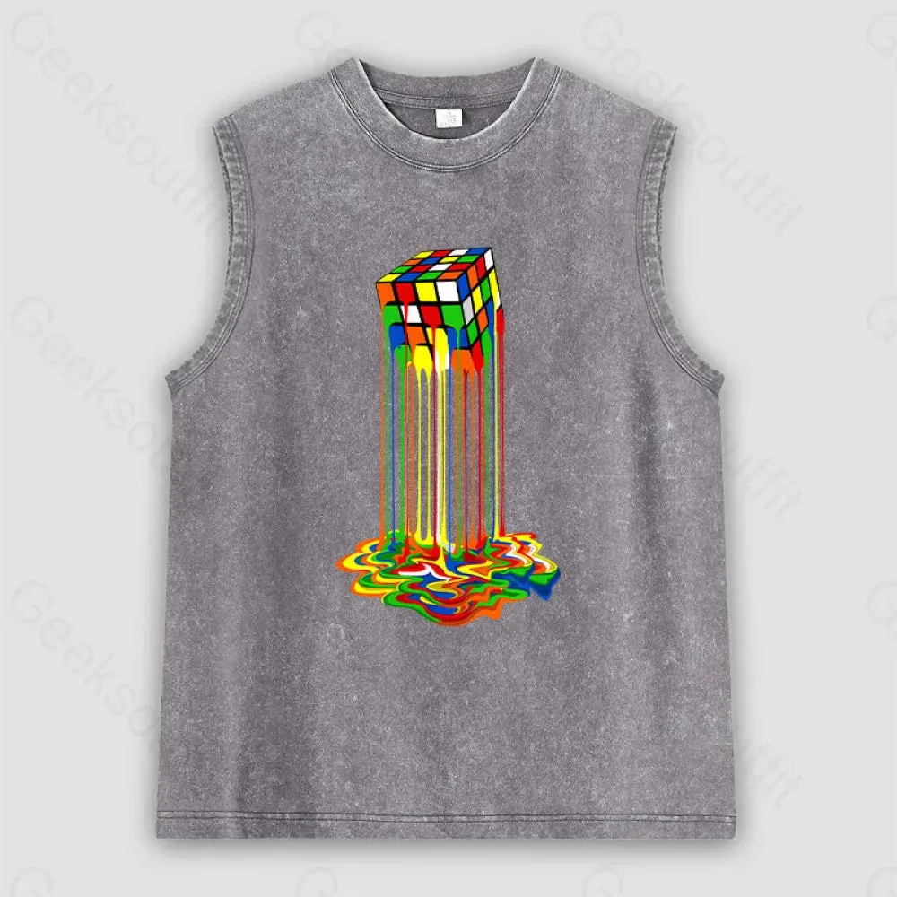 Rainbow Abstraction melted cube Unisex Washed Tank - Image 2